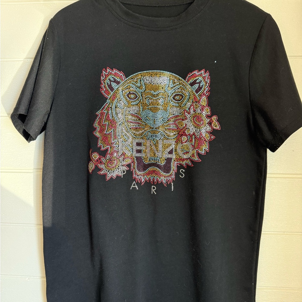 Kenzo Paris Crystal Studded Black Tee with Vibrant Tiger Motif